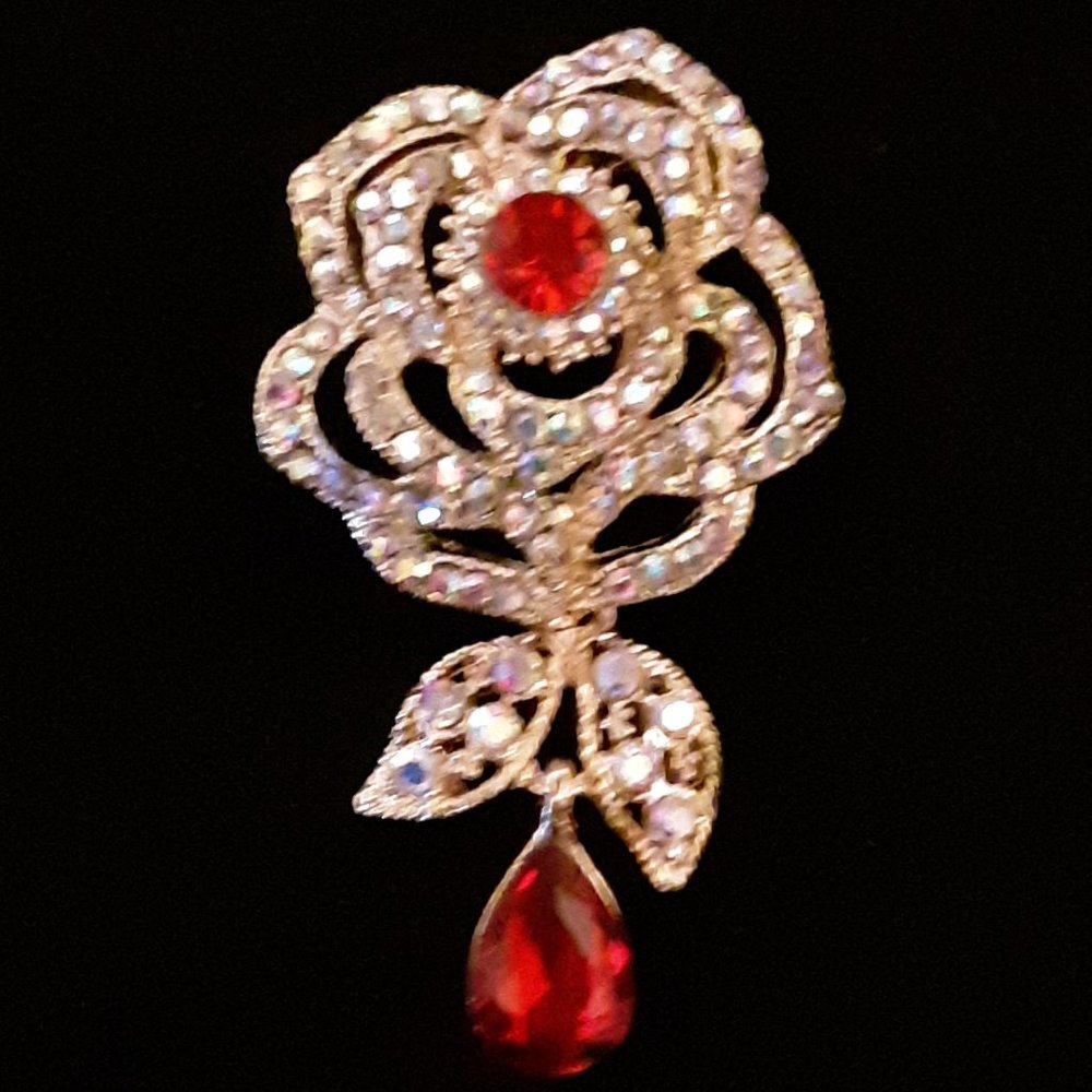 Golden ROSE Red JEWELS Rhinestone Flower Brooch - Picture 4 of 6